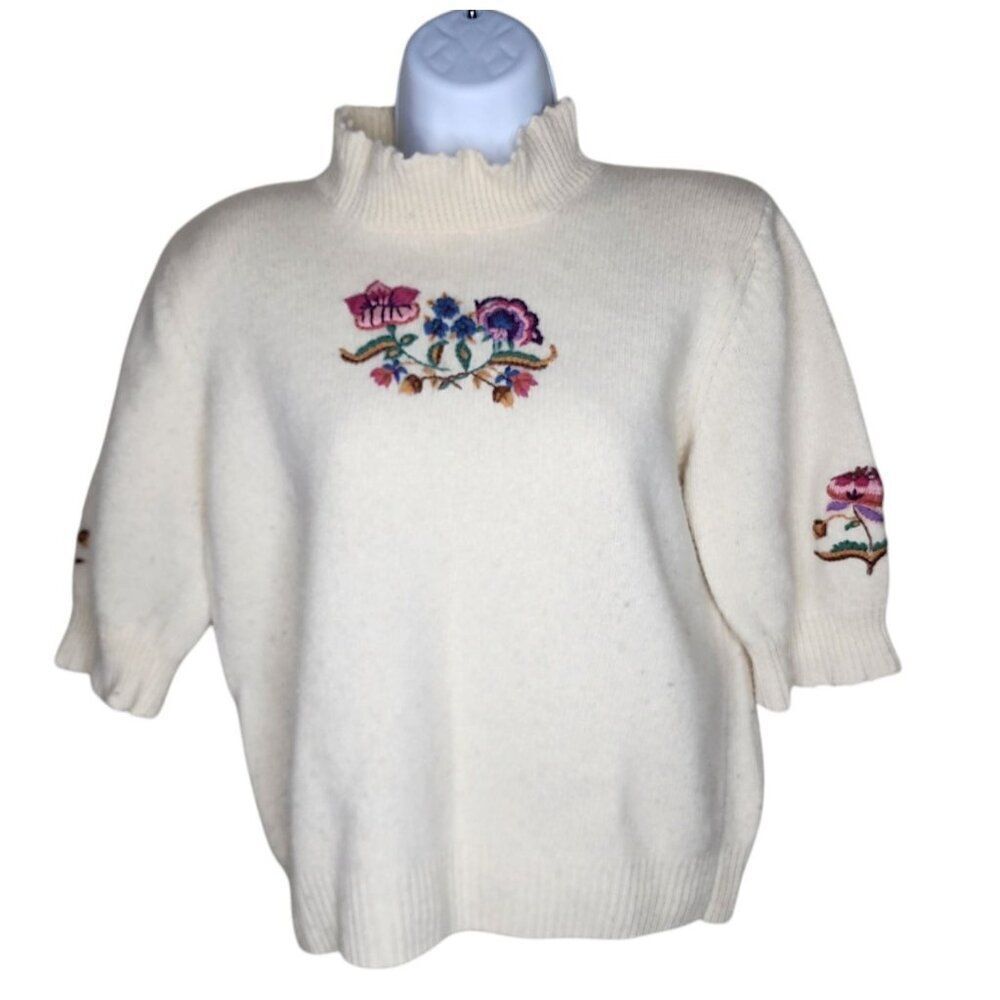 Vintage 80s Susan Bristol Embroidered Floral Wool Sweater Womens L White